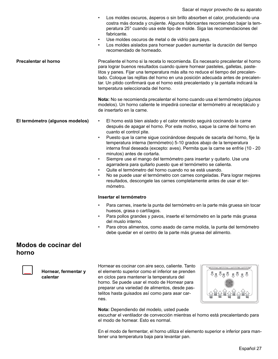 Precalentar el horno, El termómetro (algunos modelos), Modos de cocinar del horno | Hornear, fermentar y calentar | Bosch BOSCH RANGE User Manual | Page 111 / 128
