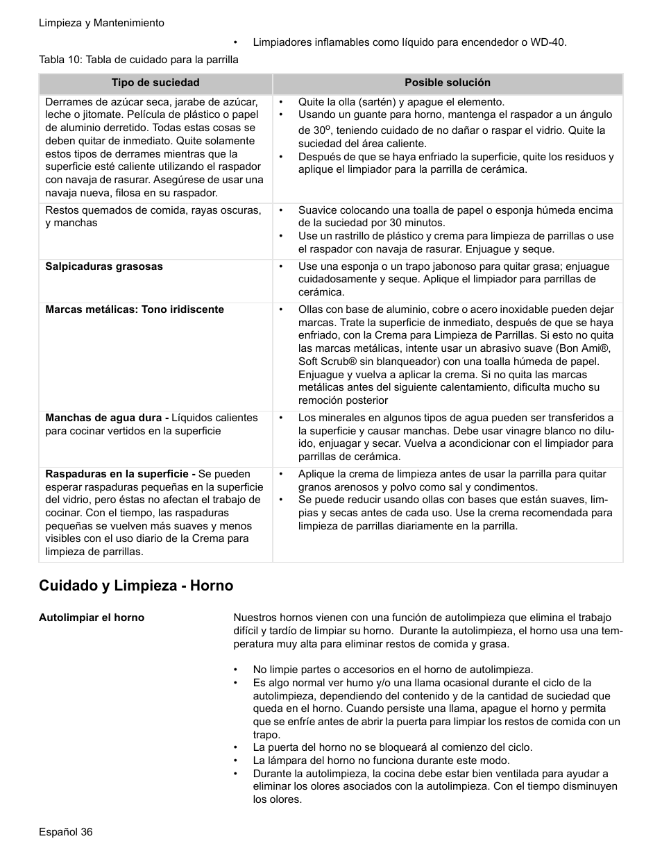 Tabla 10: tabla de cuidado para la parrilla, Cuidado y limpieza - horno, Autolimpiar el horno | Bosch BOSCH RANGE User Manual | Page 120 / 128