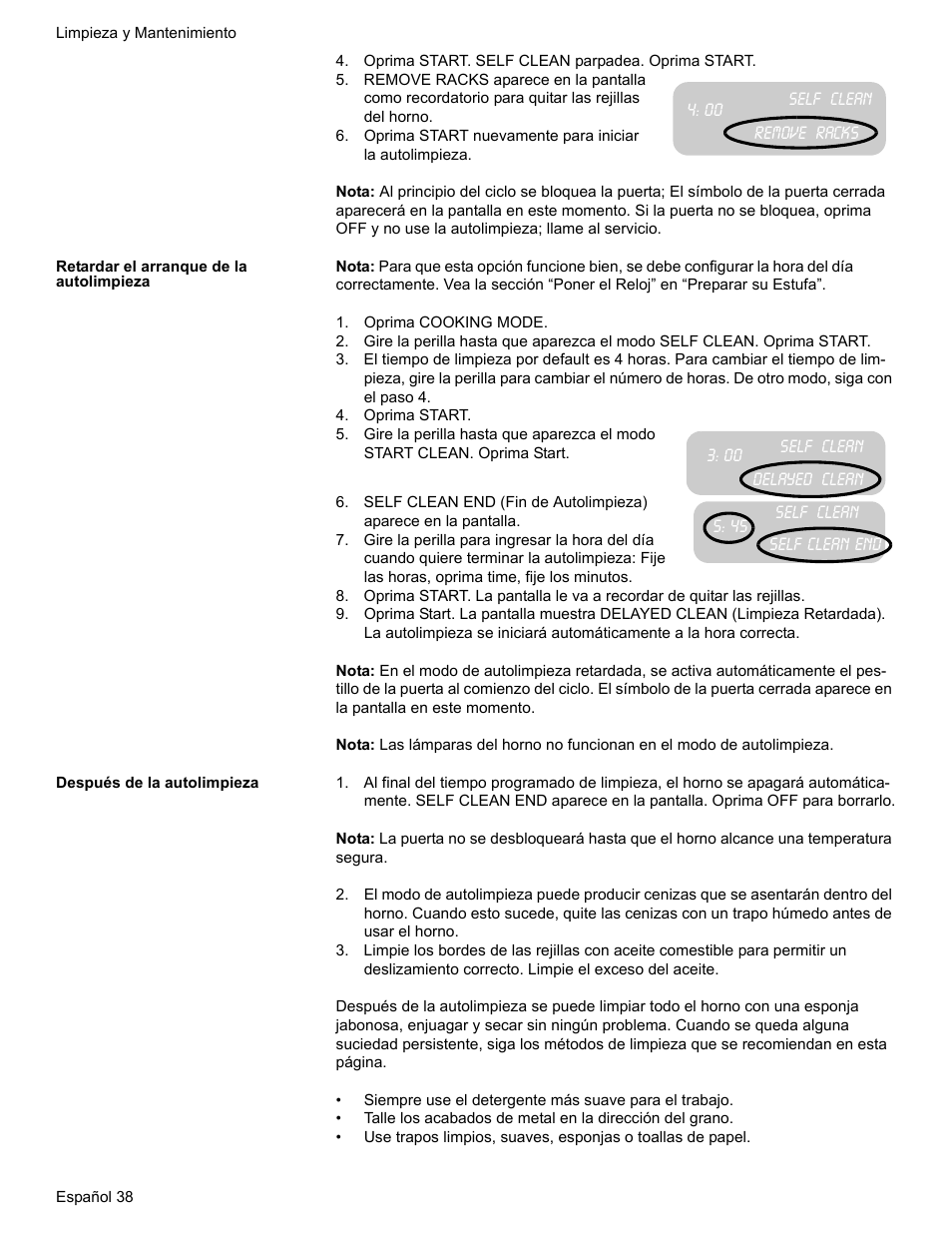 Oprima start. self clean parpadea. oprima start, Remove racks, Retardar el arranque de la autolimpieza | Oprima cooking mode, Oprima start, Después de la autolimpieza | Bosch BOSCH RANGE User Manual | Page 122 / 128