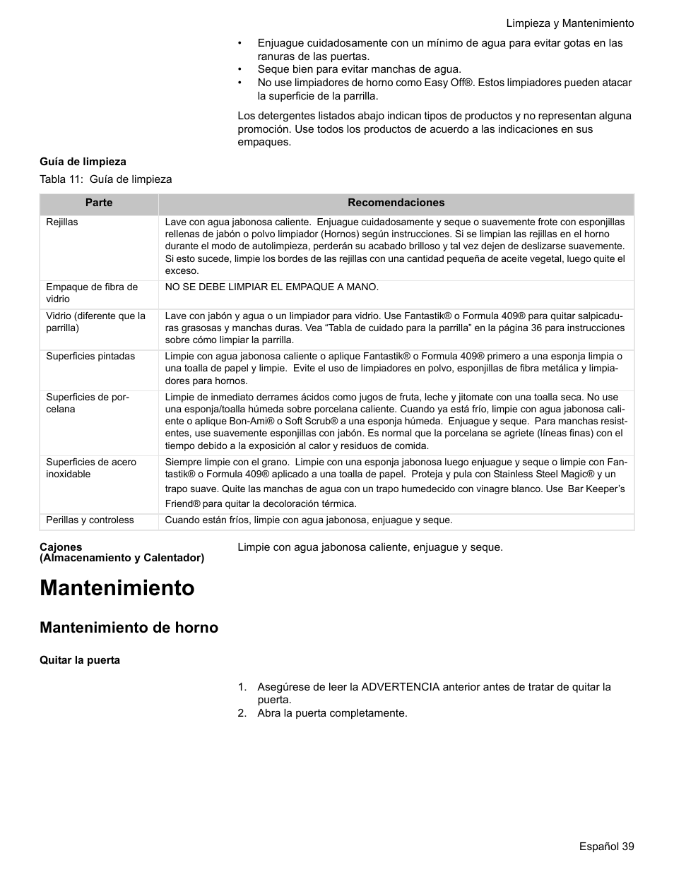 Guía de limpieza, Tabla 11: guía de limpieza, Cajones (almacenamiento y calentador) | Mantenimiento, Mantenimiento de horno, Quitar la puerta, Abra la puerta completamente | Bosch BOSCH RANGE User Manual | Page 123 / 128