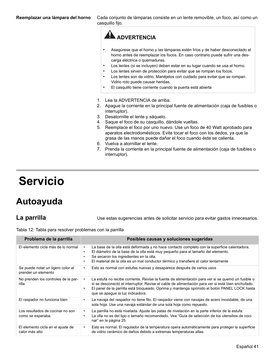 Reemplazar una lámpara del horno, Lea la advertencia de arriba, Desatornille el lente y sáquelo | Saque el foco de su casquillo, dándole vueltas, Vuelva a atornillar el lente, Servicio, Autoayuda, La parrilla | Bosch BOSCH RANGE User Manual | Page 125 / 128