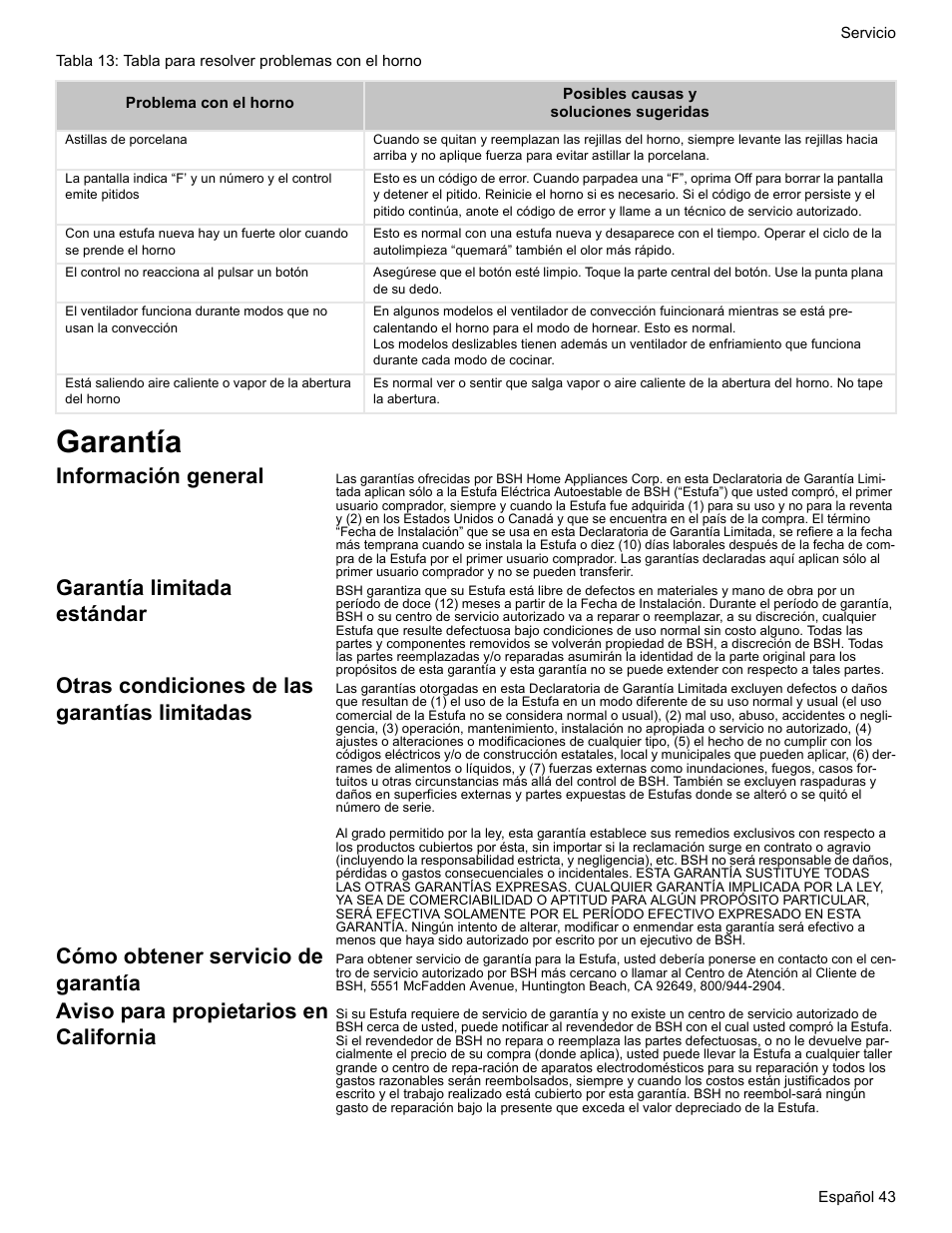 Garantía, Información general, Garantía limitada estándar | Otras condiciones de las garantías limitadas, Cómo obtener servicio de garantía, Aviso para propietarios en california | Bosch BOSCH RANGE User Manual | Page 127 / 128