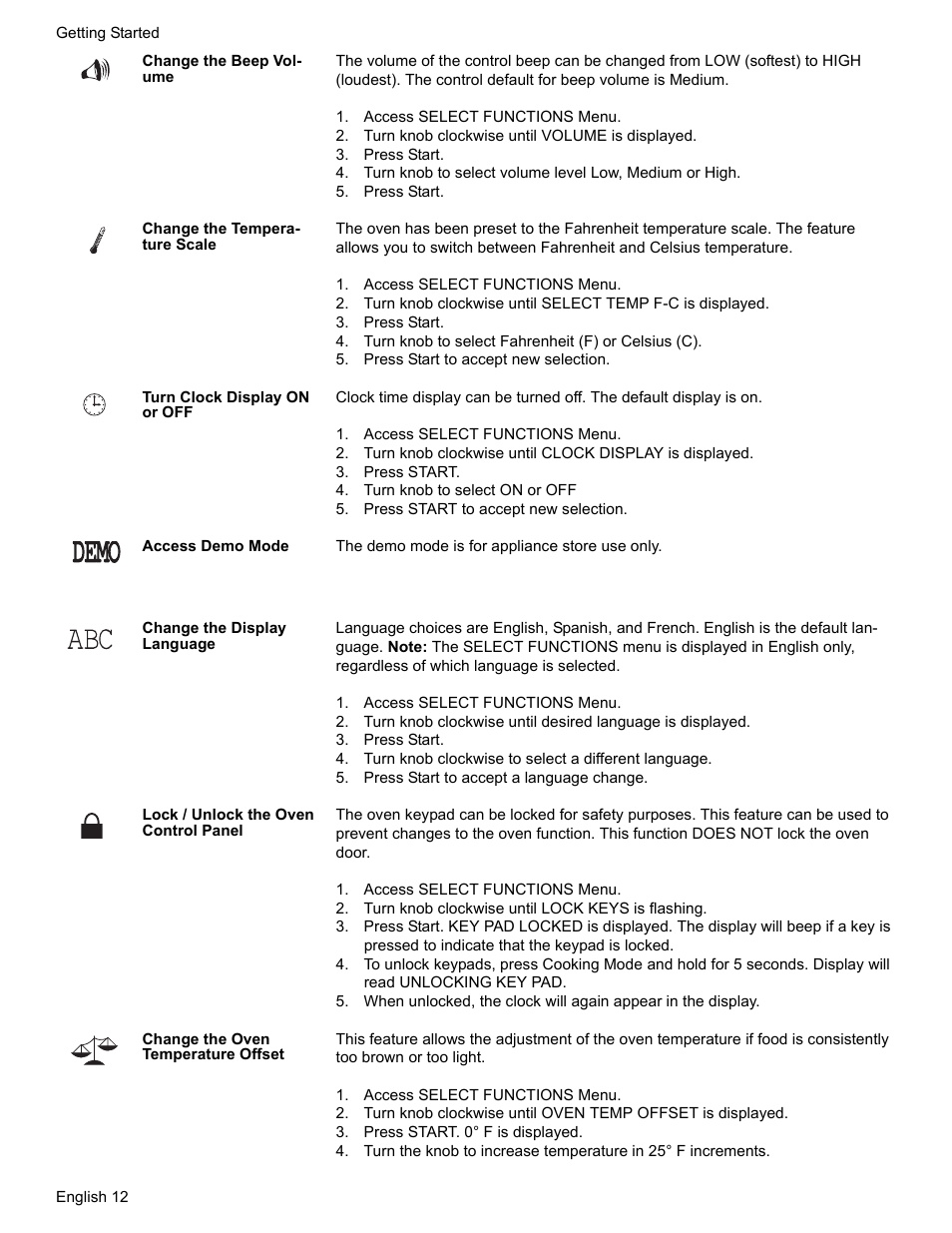 Change the beep volume, Access select functions menu, Turn knob clockwise until volume is displayed | Press start, Change the temperature scale, Turn knob to select fahrenheit (f) or celsius (c), Press start to accept new selection, Turn clock display on or off, Turn knob to select on or off, Access demo mode | Bosch BOSCH RANGE User Manual | Page 14 / 128