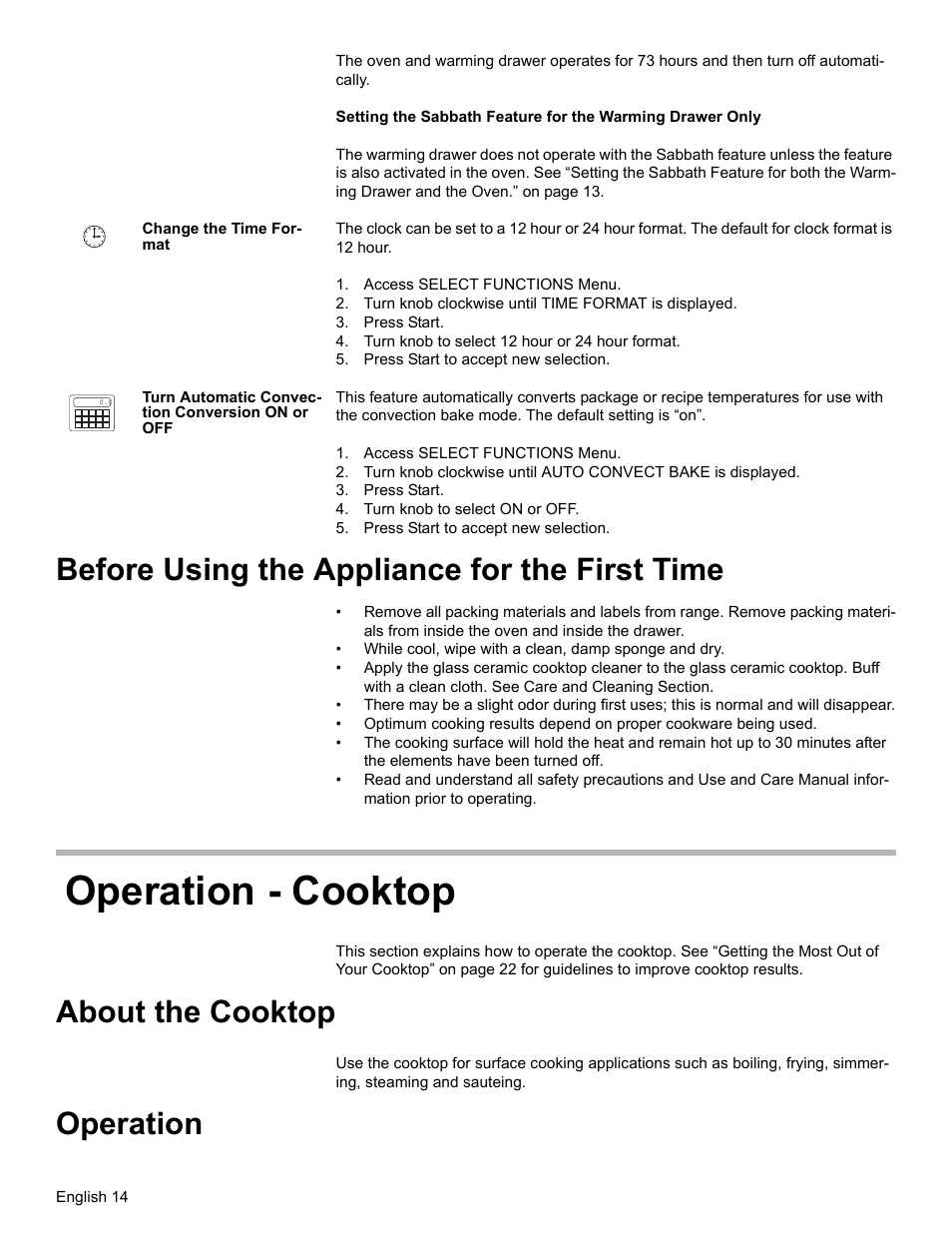 Change the time format, Access select functions menu, Turn knob clockwise until time format is displayed | Press start, Turn knob to select 12 hour or 24 hour format, Press start to accept new selection, Turn automatic convection conversion on or off, Turn knob to select on or off, Before using the appliance for the first time, Operation - cooktop | Bosch BOSCH RANGE User Manual | Page 16 / 128