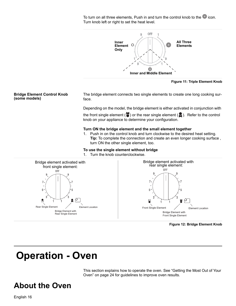 Figure 11: triple element knob, Bridge element control knob (some models), Turn the knob counterclockwise | Figure 12: bridge element knob, Operation - oven, About the oven | Bosch BOSCH RANGE User Manual | Page 18 / 128