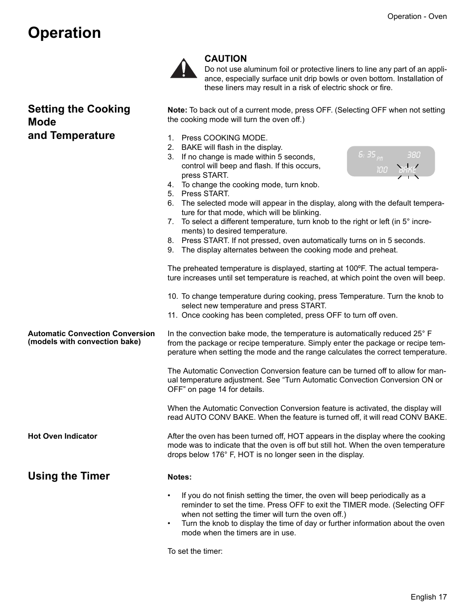 Operation, Setting the cooking mode and temperature, Press cooking mode | Bake will flash in the display, Bake, To change the cooking mode, turn knob, Press start, Hot oven indicator, Using the timer | Bosch BOSCH RANGE User Manual | Page 19 / 128