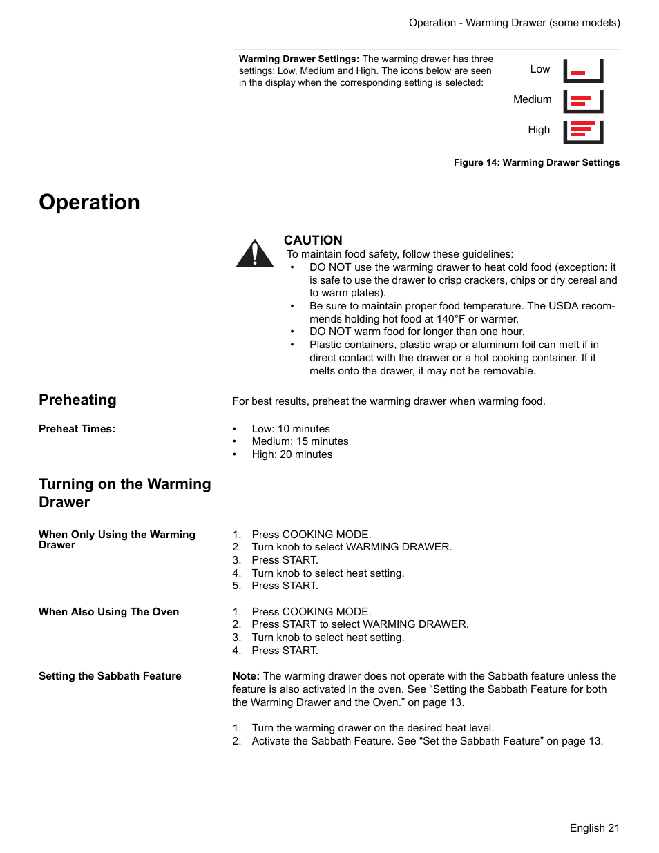 Figure 14: warming drawer settings, Operation, Preheating | Preheat times, Turning on the warming drawer, When only using the warming drawer, Press cooking mode, Turn knob to select warming drawer, Press start, Turn knob to select heat setting | Bosch BOSCH RANGE User Manual | Page 23 / 128