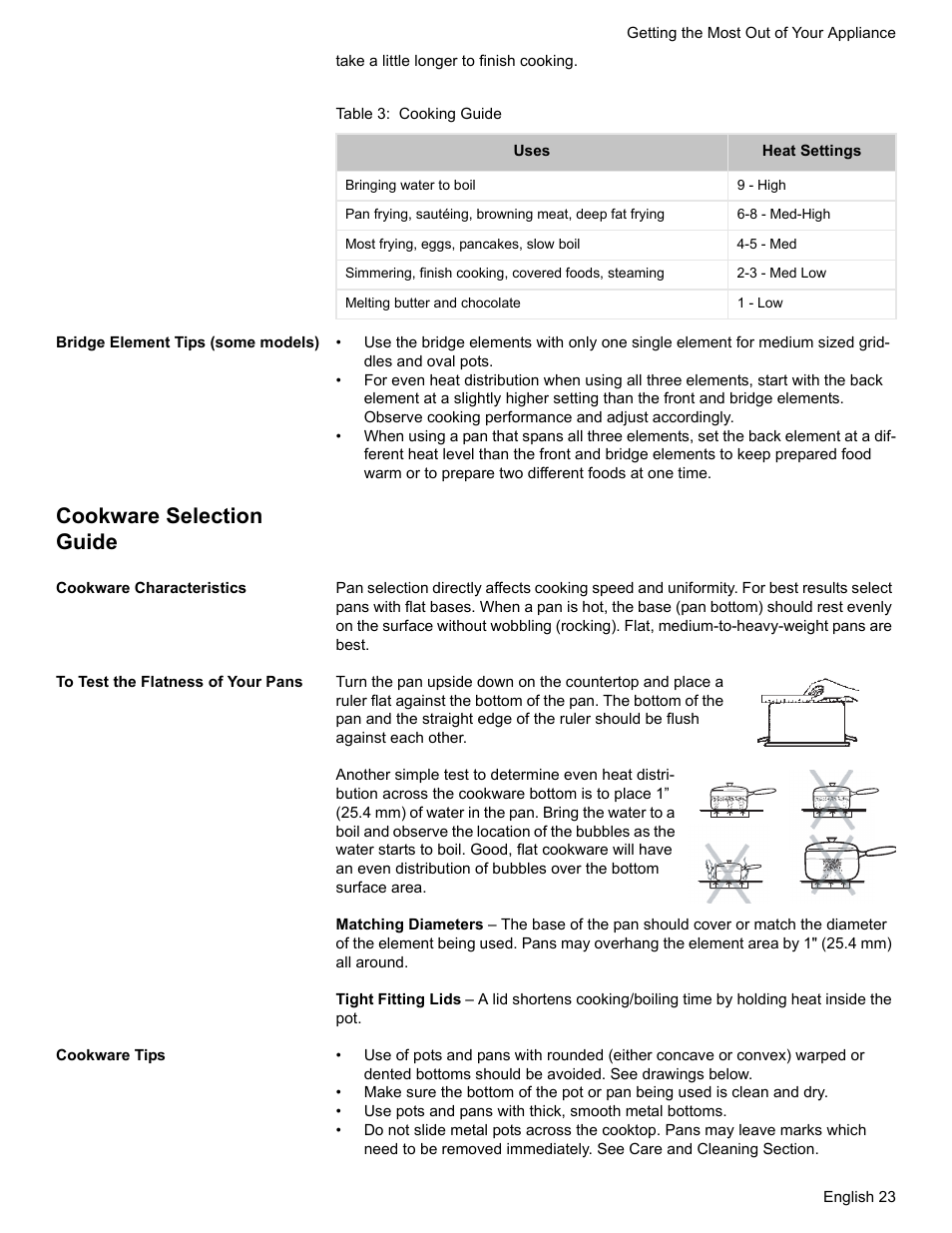Table 3: cooking guide, Bridge element tips (some models), Cookware selection guide | Cookware characteristics, To test the flatness of your pans, Cookware tips | Bosch BOSCH RANGE User Manual | Page 25 / 128