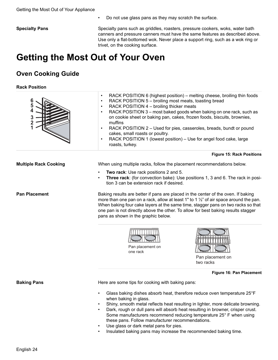 Specialty pans, Getting the most out of your oven, Oven cooking guide | Rack position, Figure 15: rack positions, Multiple rack cooking, Pan placement, Figure 16: pan placement, Baking pans | Bosch BOSCH RANGE User Manual | Page 26 / 128