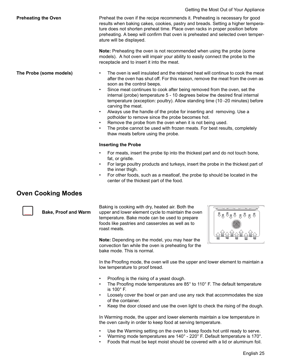 Preheating the oven, The probe (some models), Oven cooking modes | Bake, proof and warm | Bosch BOSCH RANGE User Manual | Page 27 / 128