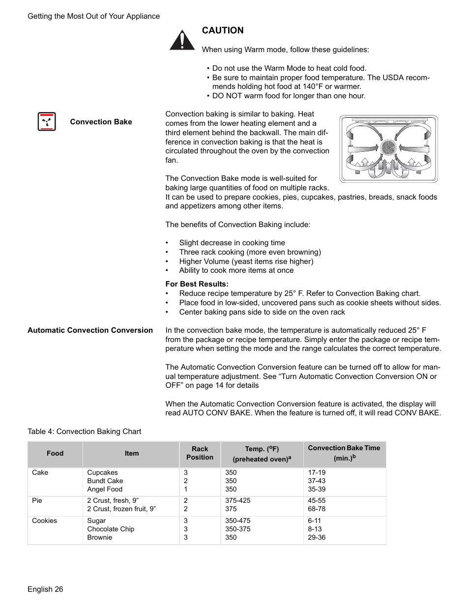 Convection bake, Automatic convection conversion, Table 4: convection baking chart | Caution | Bosch BOSCH RANGE User Manual | Page 28 / 128