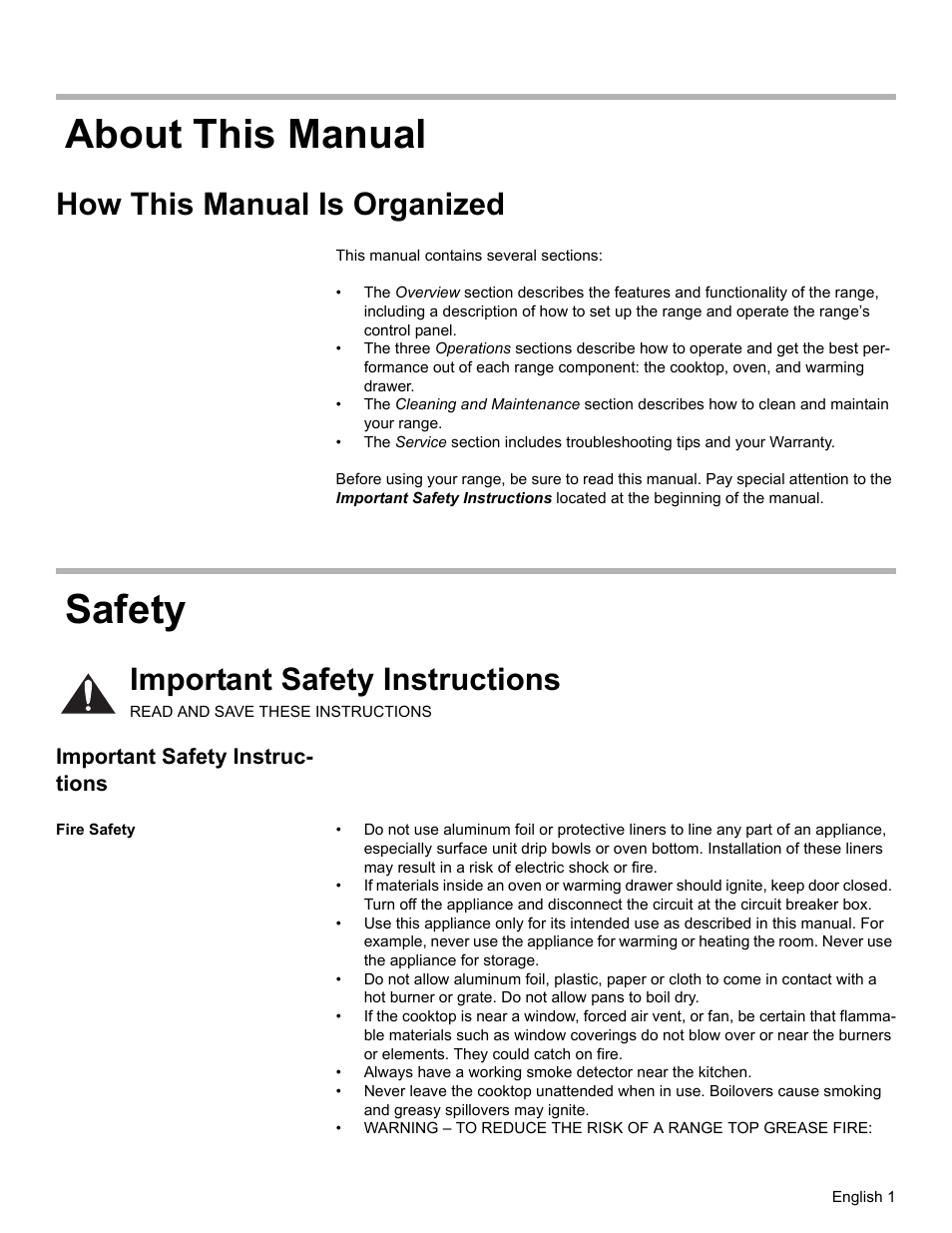 About this manual, How this manual is organized, Safety | Important safety instructions, Fire safety, About this manual safety | Bosch BOSCH RANGE User Manual | Page 3 / 128