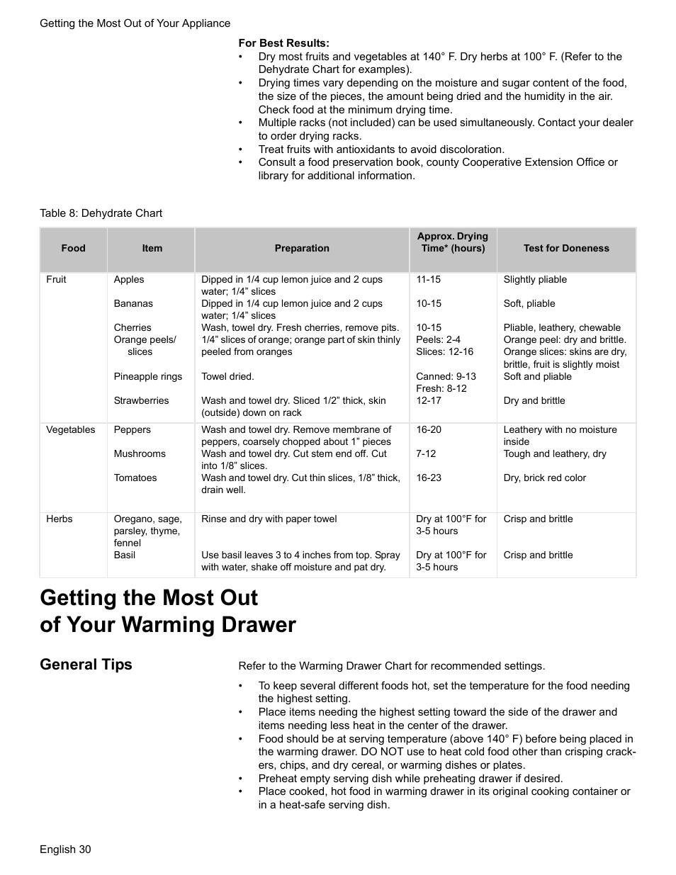 Table 8: dehydrate chart, Getting the most out of your warming drawer, General tips | Bosch BOSCH RANGE User Manual | Page 32 / 128