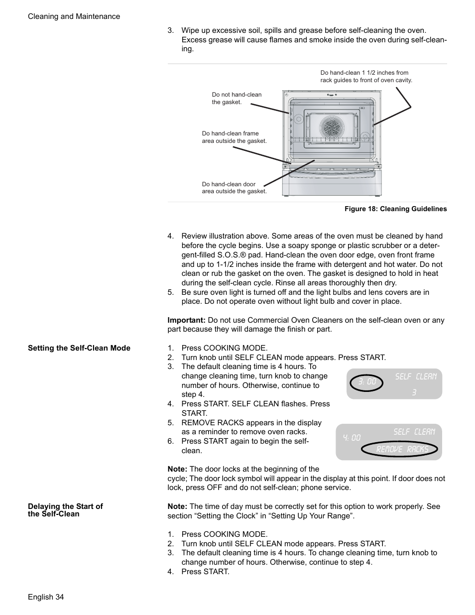 Figure 18: cleaning guidelines, Setting the self-clean mode, Press cooking mode | Press start. self clean flashes. press start, Remove racks, Press start again to begin the self- clean, Delaying the start of the self-clean, Press start | Bosch BOSCH RANGE User Manual | Page 36 / 128