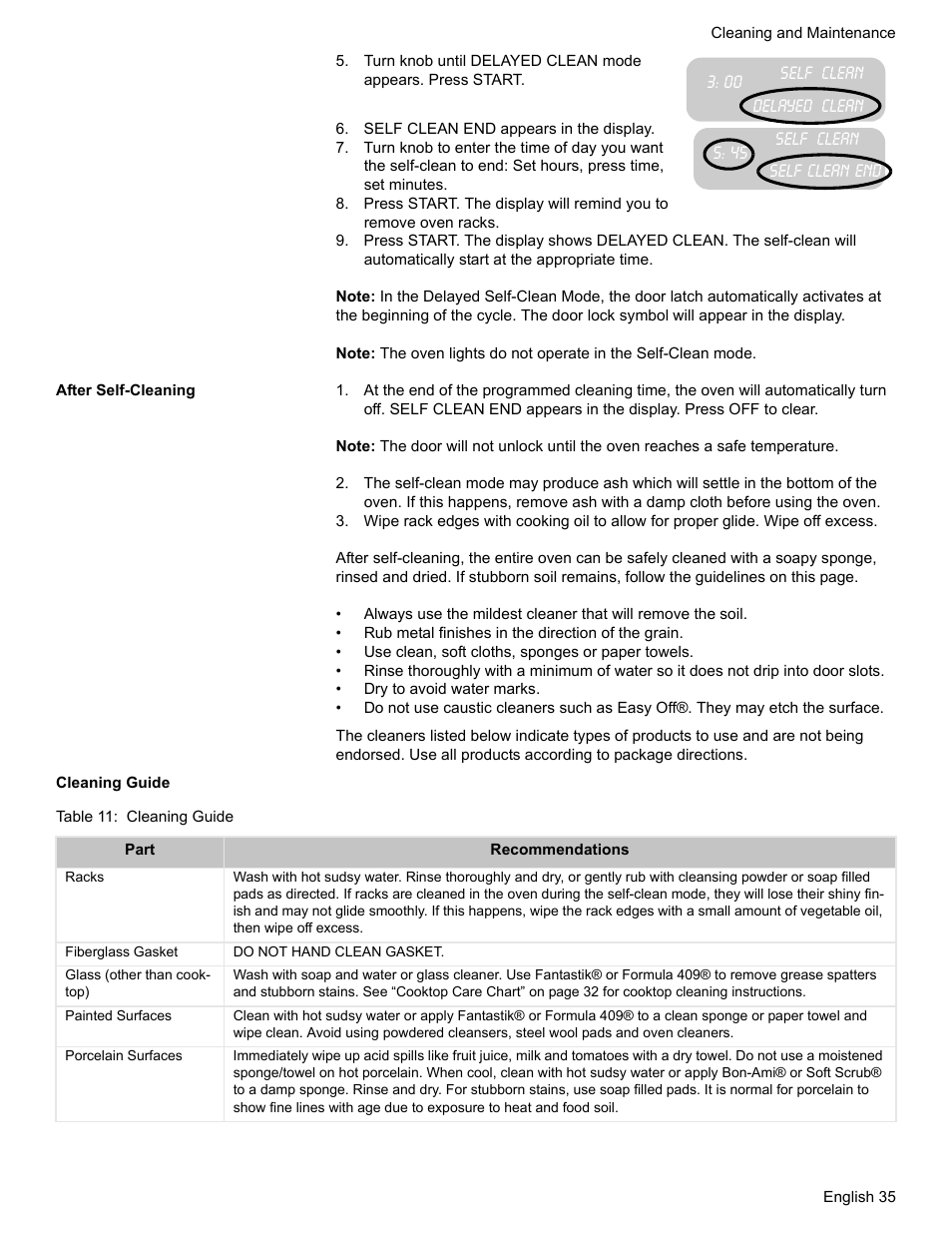 Self clean end appears in the display, After self-cleaning, Cleaning guide | Table 11: cleaning guide | Bosch BOSCH RANGE User Manual | Page 37 / 128