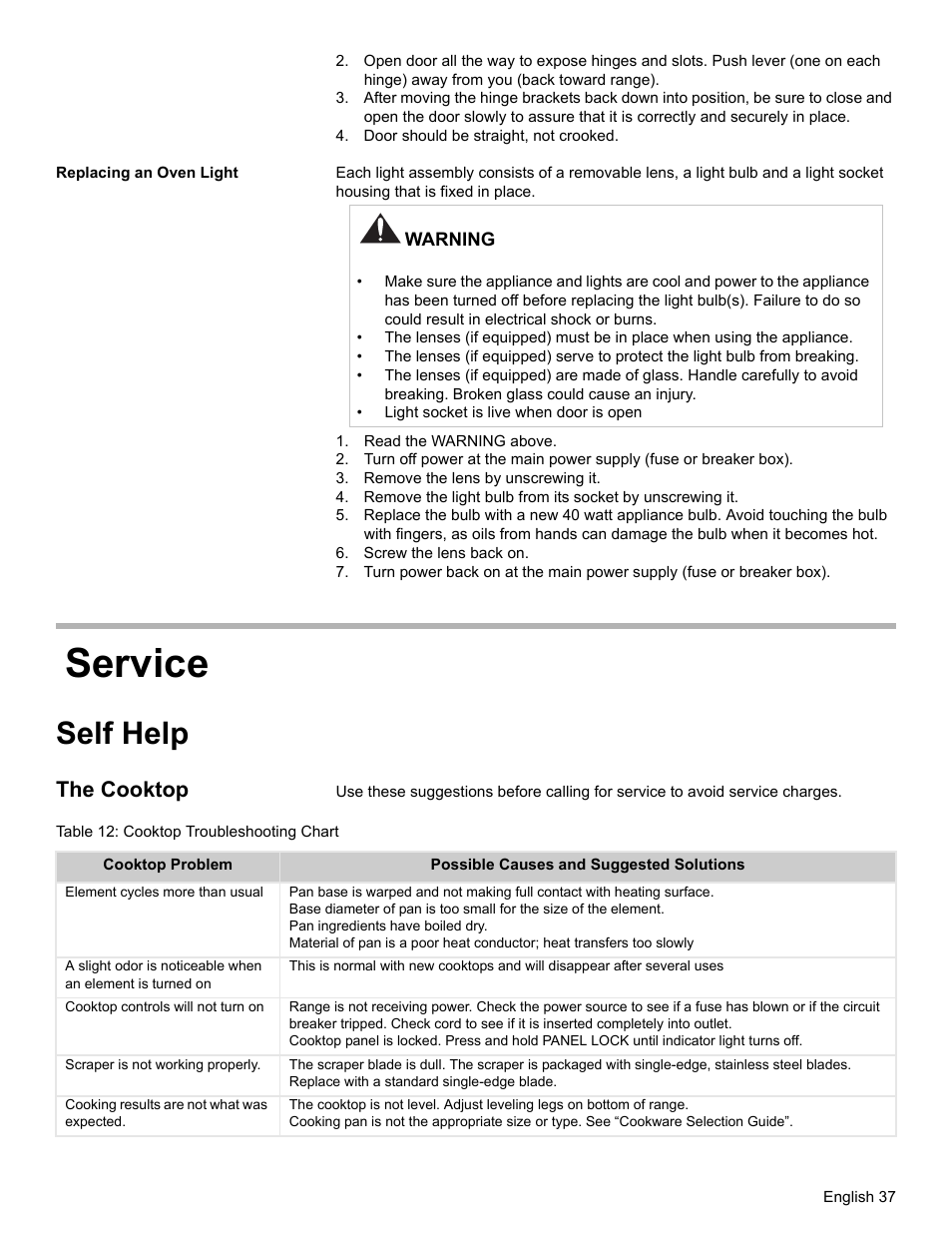 Door should be straight, not crooked, Replacing an oven light, Read the warning above | Remove the lens by unscrewing it, Screw the lens back on, Service, Self help, The cooktop, Table 12: cooktop troubleshooting chart | Bosch BOSCH RANGE User Manual | Page 39 / 128