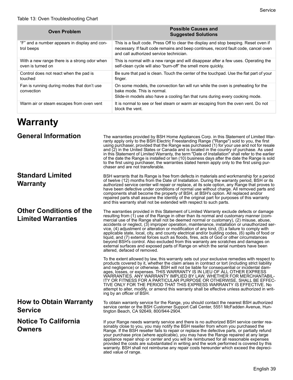 Warranty, General information, Standard limited warranty | Other conditions of the limited warranties, How to obtain warranty service, Notice to california owners | Bosch BOSCH RANGE User Manual | Page 41 / 128