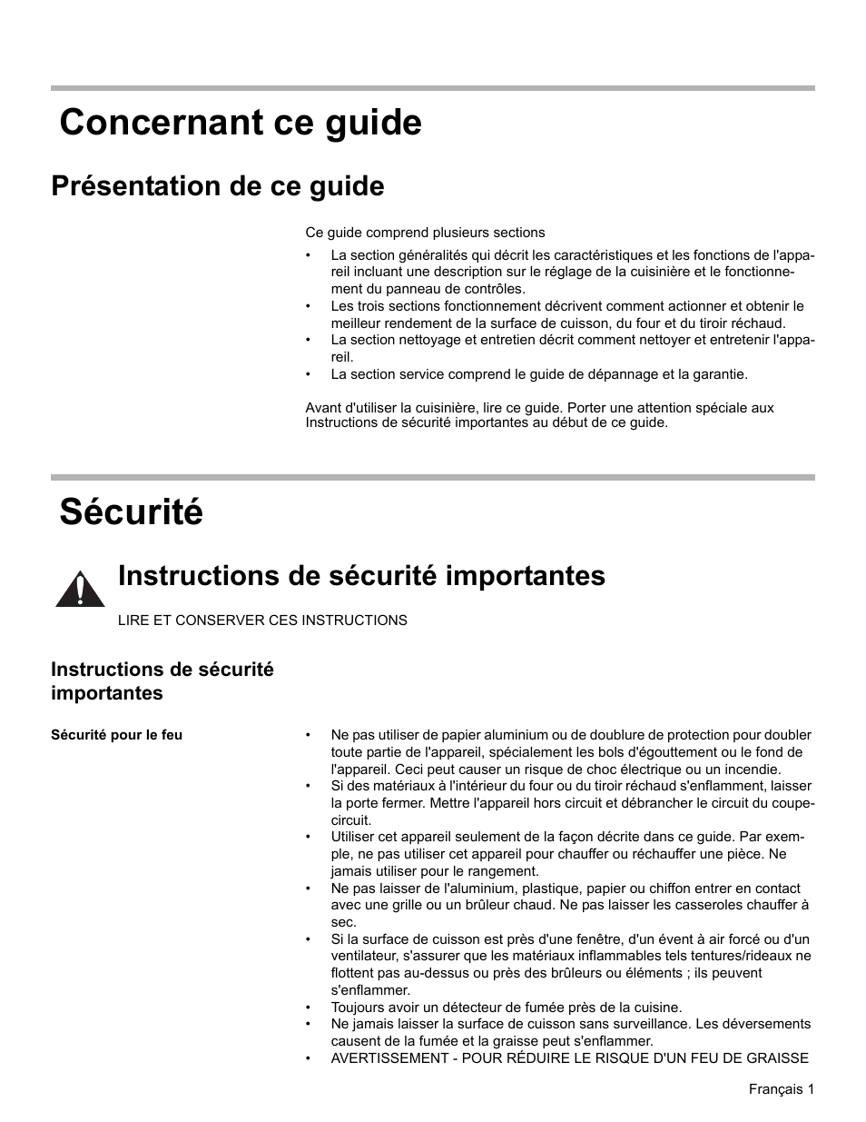 Concernant ce guide, Présentation de ce guide, Sécurité | Instructions de sécurité importantes, Sécurité pour le feu, Concernant ce guide sécurité | Bosch BOSCH RANGE User Manual | Page 43 / 128