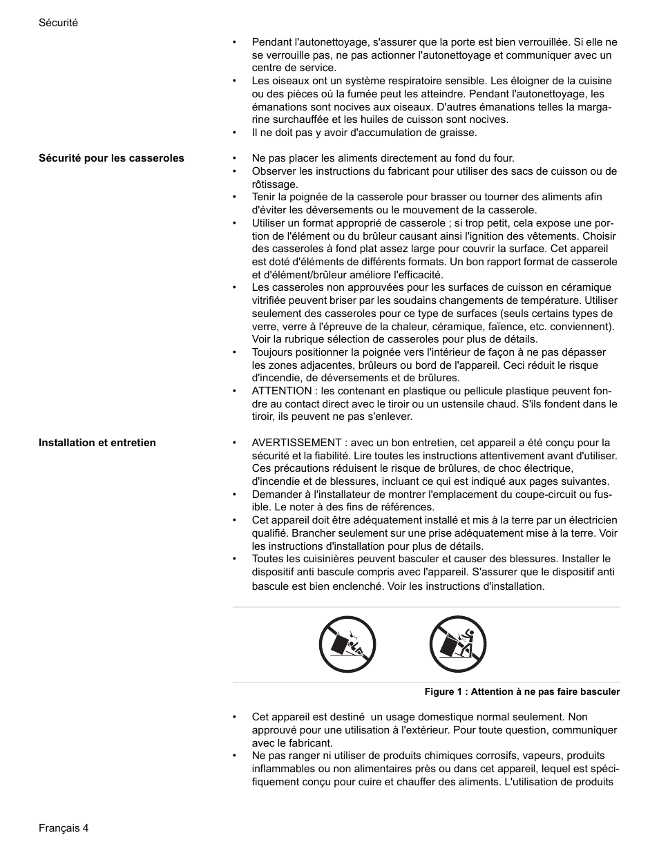 Sécurité pour les casseroles, Installation et entretien, Figure 1 : attention à ne pas faire basculer | Bosch BOSCH RANGE User Manual | Page 46 / 128