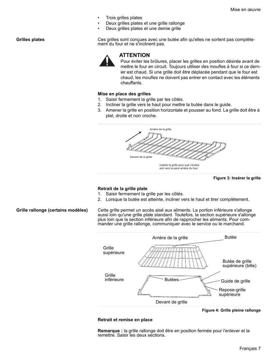 Grilles plates, Saisir fermement la grille par les côtés, Figure 3: insérer la grille | Grille rallonge (certains modèles), Figure 4: grille pleine rallonge | Bosch BOSCH RANGE User Manual | Page 49 / 128