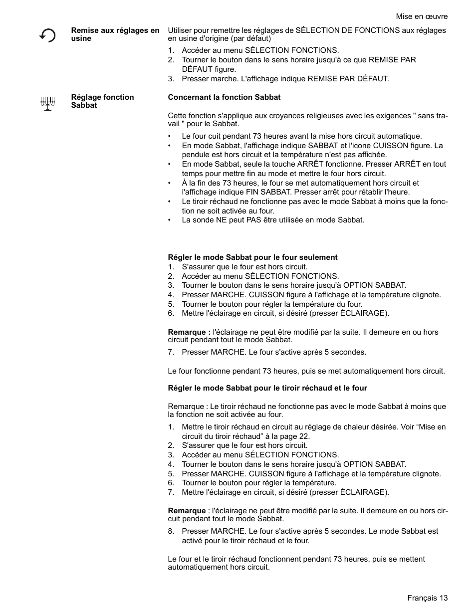 Remise aux réglages en usine, Accéder au menu sélection fonctions, Réglage fonction sabbat | S'assurer que le four est hors circuit, Presser marche. le four s'active après 5 secondes, Tourner le bouton pour régler la température | Bosch BOSCH RANGE User Manual | Page 55 / 128