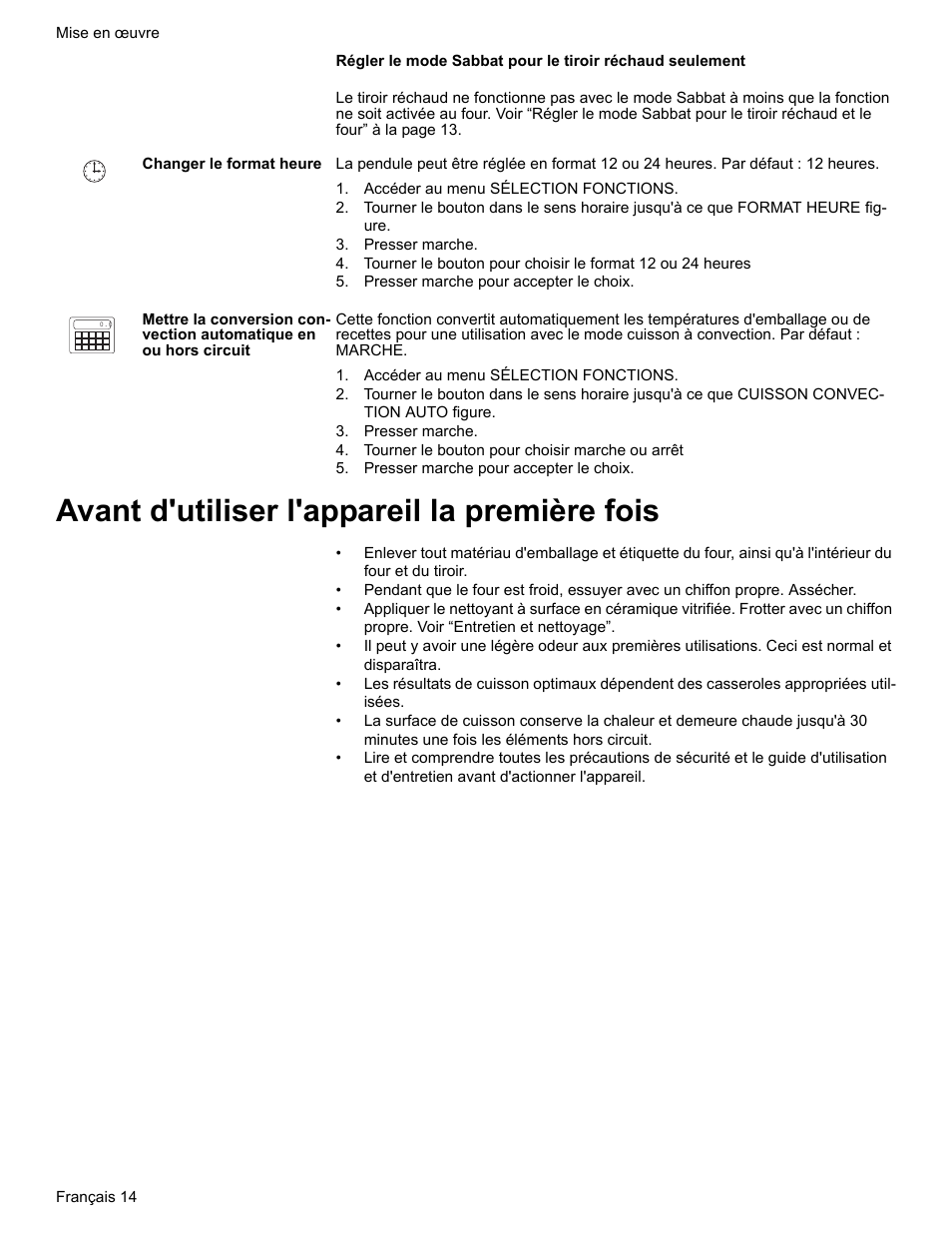 Changer le format heure, Accéder au menu sélection fonctions, Presser marche | Presser marche pour accepter le choix, Tourner le bouton pour choisir marche ou arrêt, Avant d'utiliser l'appareil la première fois | Bosch BOSCH RANGE User Manual | Page 56 / 128