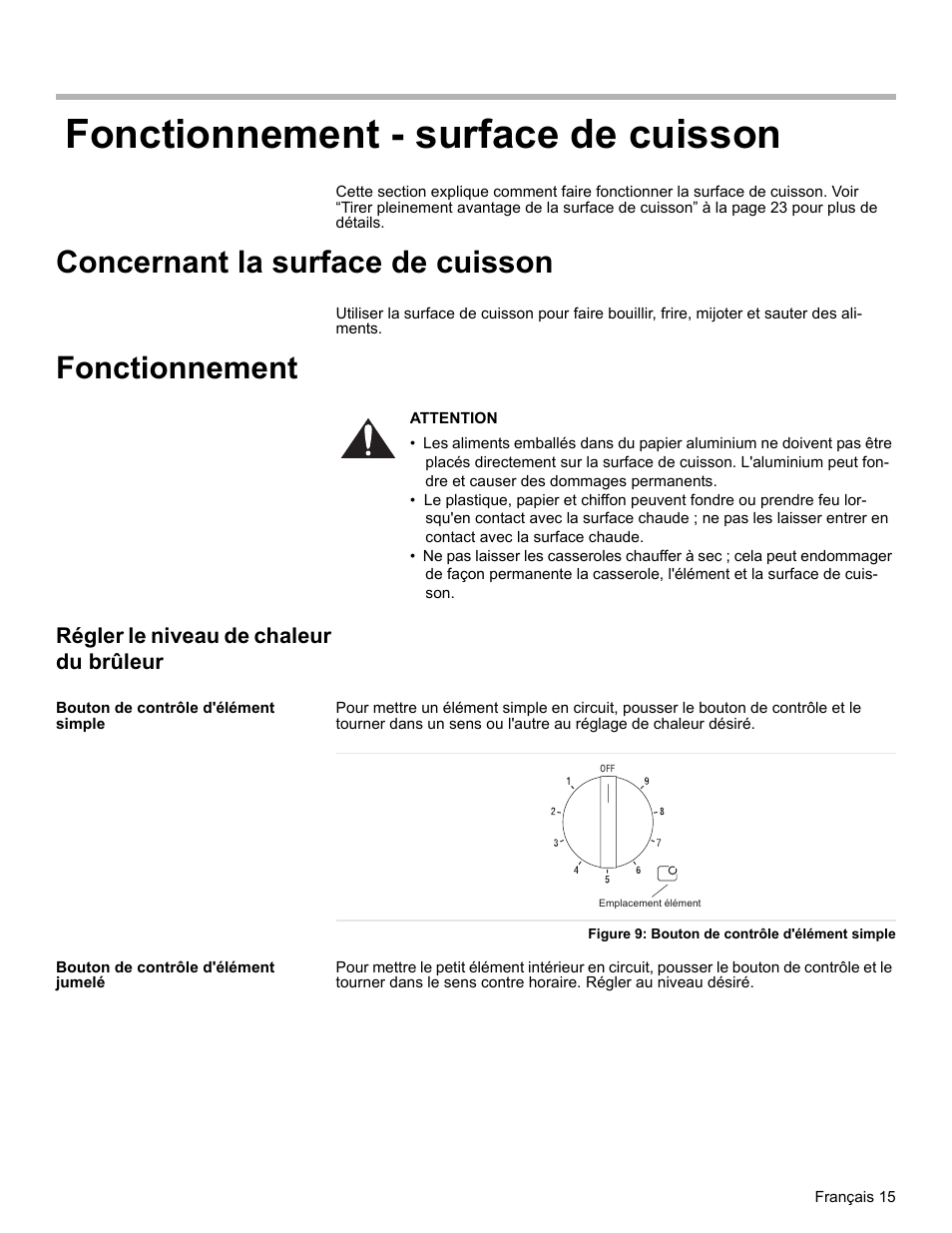 Fonctionnement - surface de cuisson, Concernant la surface de cuisson, Fonctionnement | Régler le niveau de chaleur du brûleur, Bouton de contrôle d'élément simple, Figure 9: bouton de contrôle d'élément simple, Bouton de contrôle d'élément jumelé | Bosch BOSCH RANGE User Manual | Page 57 / 128