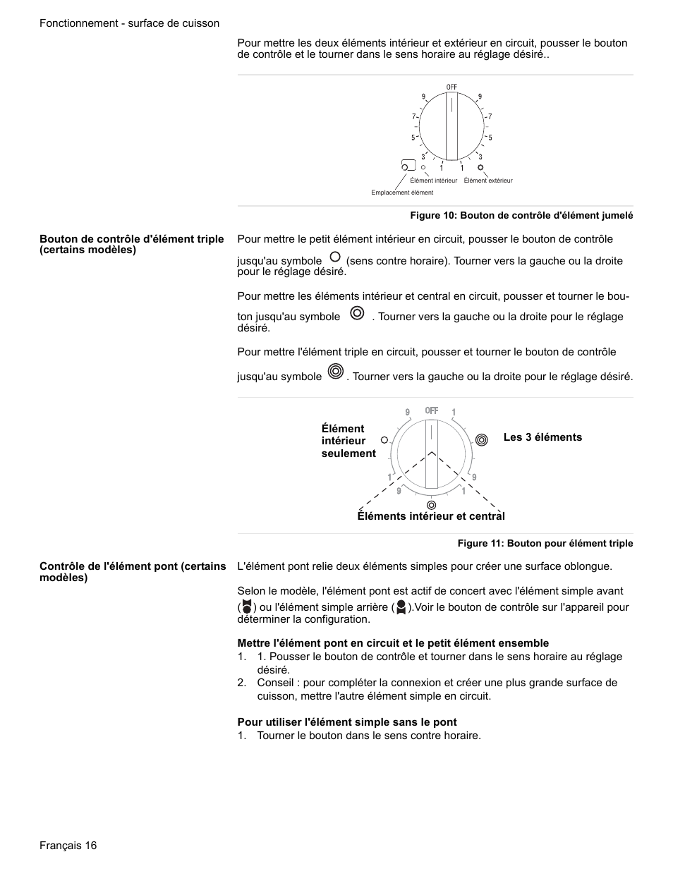 Figure 10: bouton de contrôle d'élément jumelé, Figure 11: bouton pour élément triple, Contrôle de l'élément pont (certains modèles) | Tourner le bouton dans le sens contre horaire | Bosch BOSCH RANGE User Manual | Page 58 / 128