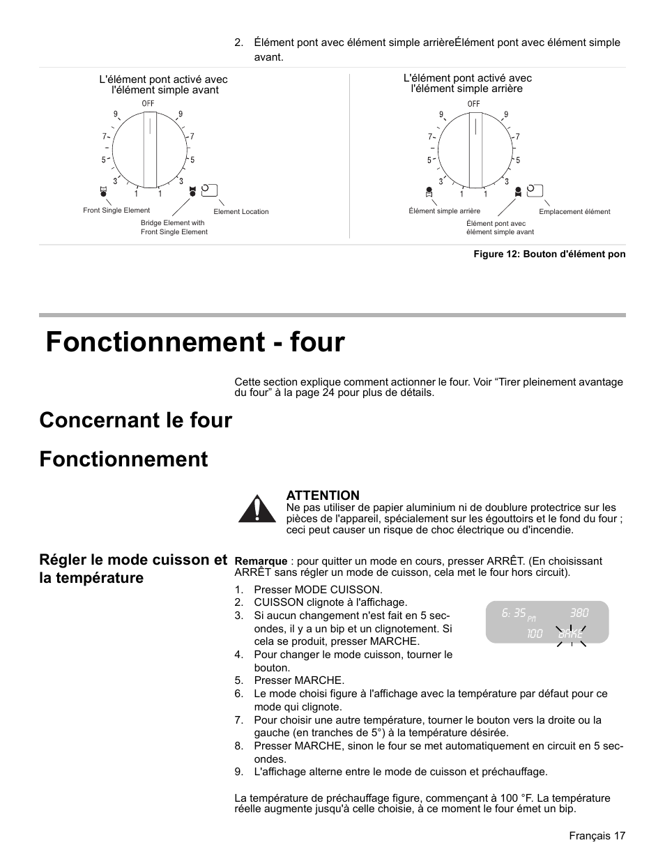 Figure 12: bouton d'élément pon, Fonctionnement - four, Concernant le four | Fonctionnement, Régler le mode cuisson et la température, Presser mode cuisson, Cuisson clignote à l'affichage, Bake, Pour changer le mode cuisson, tourner le bouton, Presser marche | Bosch BOSCH RANGE User Manual | Page 59 / 128