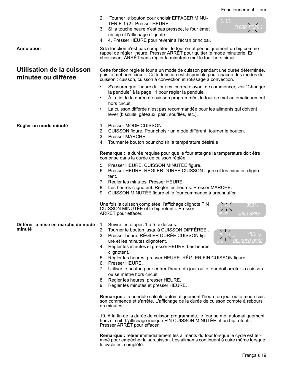 Clear timer 1, 4. presser heure pour revenir à l'écran principal, Annulation | Utilisation de la cuisson minutée ou différée, Régler un mode minuté, Presser mode cuisson, Presser marche, Presser heure. cuisson minutée figure, Régler les minutes. presser heure, Différer la mise en marche du mode minuté | Bosch BOSCH RANGE User Manual | Page 61 / 128