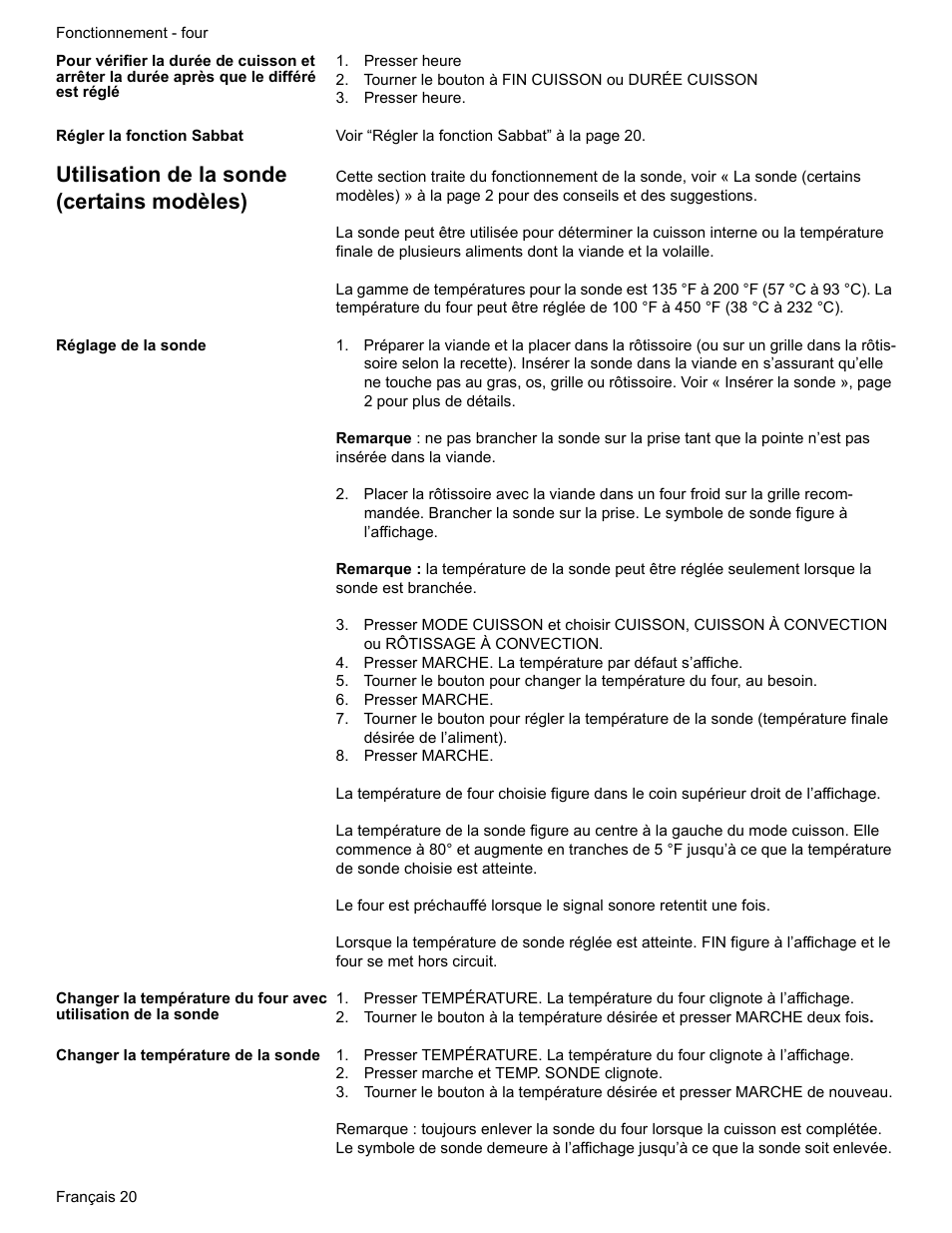Presser heure, Tourner le bouton à fin cuisson ou durée cuisson, Régler la fonction sabbat | Utilisation de la sonde (certains modèles), Réglage de la sonde, Presser marche, Changer la température de la sonde, Presser marche et temp. sonde clignote | Bosch BOSCH RANGE User Manual | Page 62 / 128