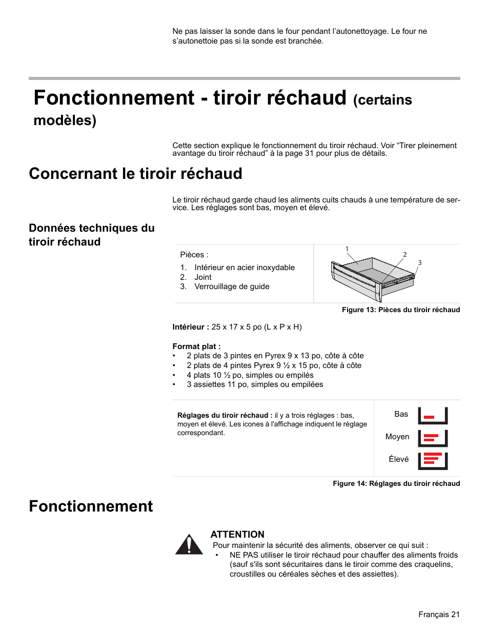 Fonctionnement - tiroir réchaud (certains modèles), Concernant le tiroir réchaud, Données techniques du tiroir réchaud | Intérieur en acier inoxydable, Joint, Verrouillage de guide, Figure 13: pièces du tiroir réchaud, Figure 14: réglages du tiroir réchaud, Fonctionnement, Fonctionnement - tiroir réchaud | Bosch BOSCH RANGE User Manual | Page 63 / 128