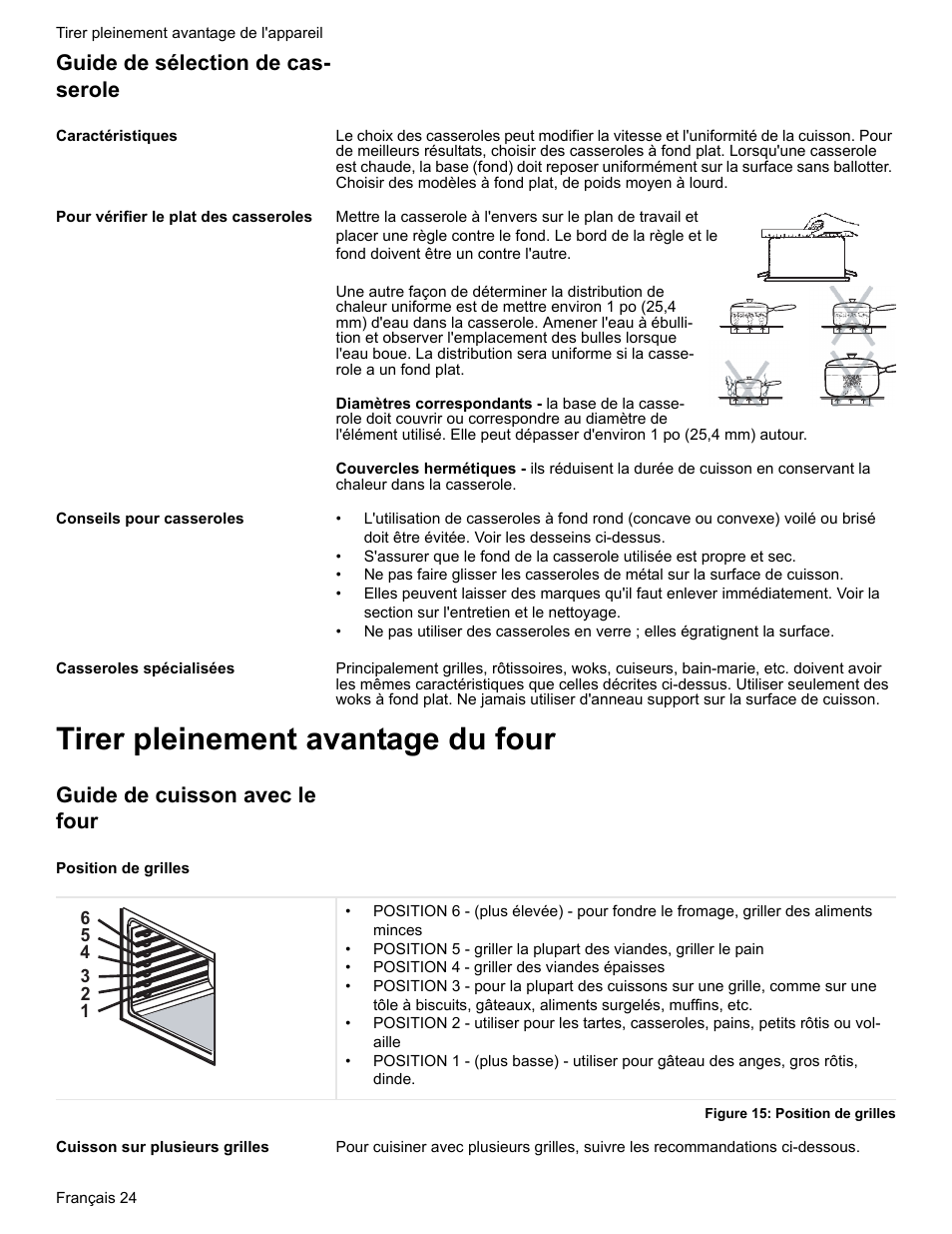 Guide de sélection de casserole, Caractéristiques, Pour vérifier le plat des casseroles | Conseils pour casseroles, Casseroles spécialisées, Tirer pleinement avantage du four, Guide de cuisson avec le four, Position de grilles, Figure 15: position de grilles, Cuisson sur plusieurs grilles | Bosch BOSCH RANGE User Manual | Page 66 / 128