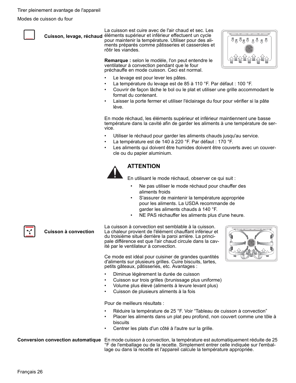 Modes de cuisson du four, Cuisson, levage, réchaud, Cuisson à convection | Conversion convection automatique | Bosch BOSCH RANGE User Manual | Page 68 / 128