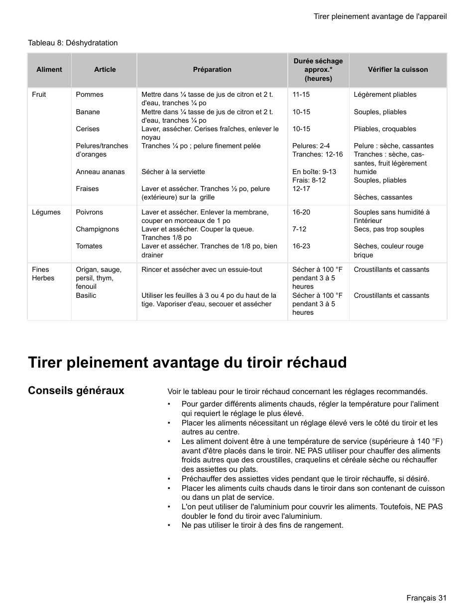 Tableau 8: déshydratation, Tirer pleinement avantage du tiroir réchaud, Conseils généraux | Bosch BOSCH RANGE User Manual | Page 73 / 128