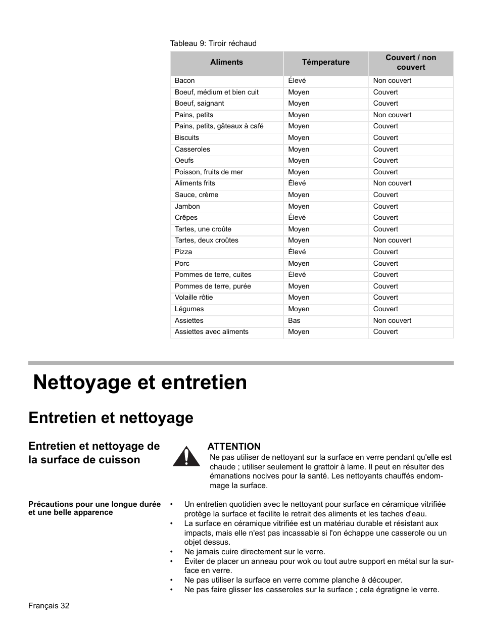 Tableau 9: tiroir réchaud, Nettoyage et entretien, Entretien et nettoyage | Entretien et nettoyage de la surface de cuisson | Bosch BOSCH RANGE User Manual | Page 74 / 128