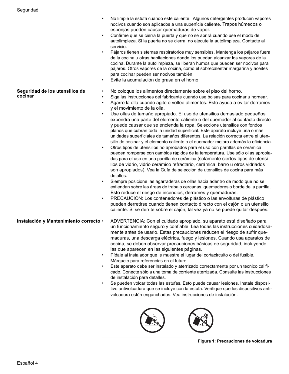 Seguridad de los utensilios de cocinar, Instalación y mantenimiento correcto, Figura 1: precauciones de volcadura | Bosch BOSCH RANGE User Manual | Page 88 / 128