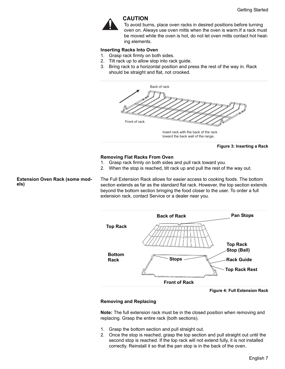 Grasp rack firmly on both sides, Tilt rack up to allow stop into rack guide, Figure 3: inserting a rack | Extension oven rack (some models), Figure 4: full extension rack, Grasp the bottom section and pull straight out | Bosch BOSCH RANGE User Manual | Page 9 / 128