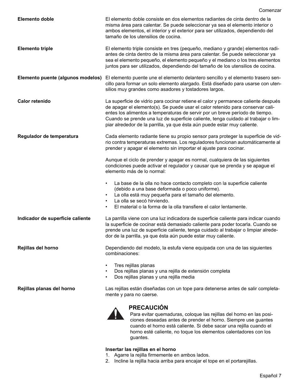 Elemento doble, Elemento triple, Elemento puente (algunos modelos) | Calor retenido, Regulador de temperatura, Indicador de superficie caliente, Rejillas del horno, Rejillas planas del horno, Agarre la rejilla firmemente en ambos lados | Bosch BOSCH RANGE User Manual | Page 91 / 128