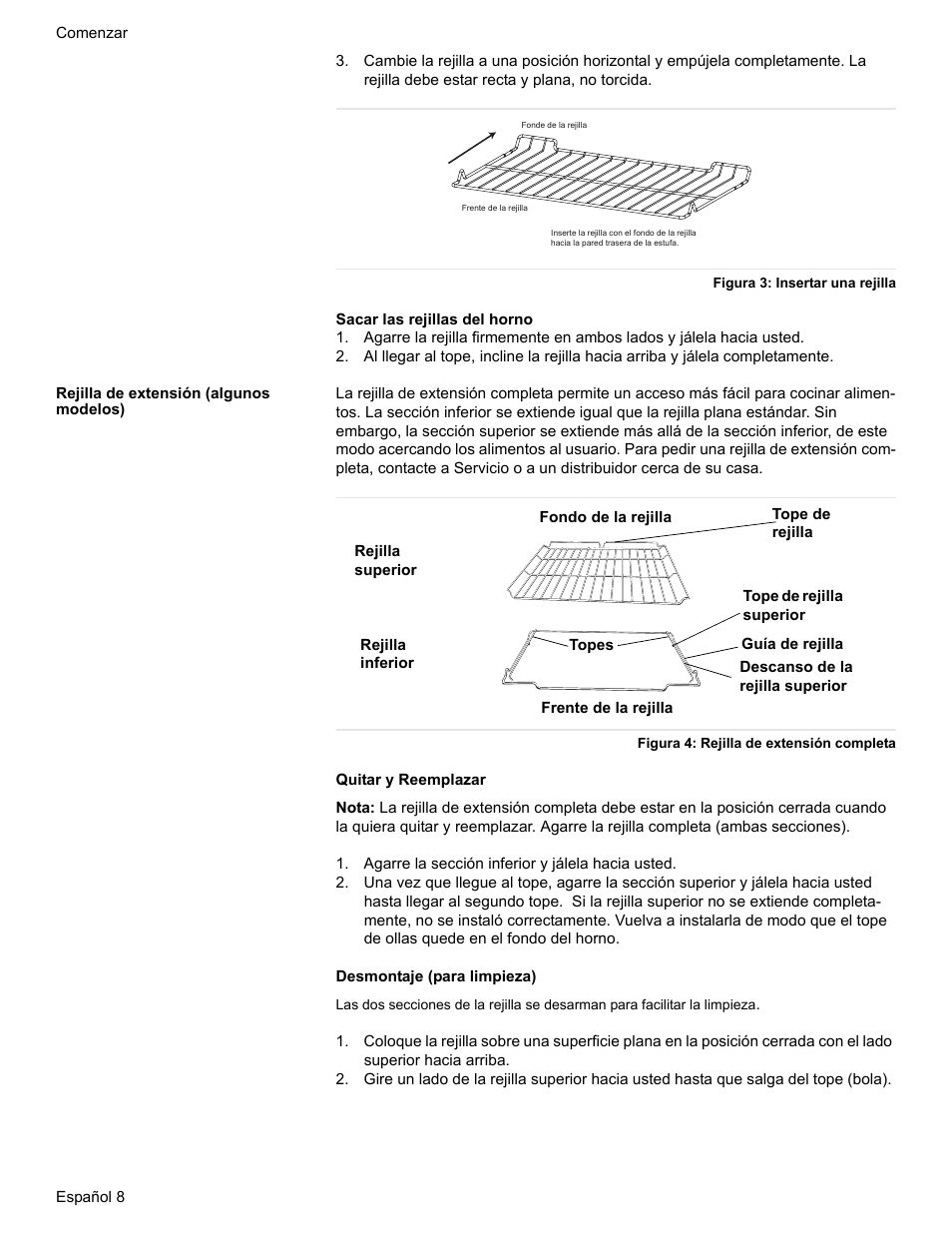 Figura 3: insertar una rejilla, Rejilla de extensión (algunos modelos), Figura 4: rejilla de extensión completa | Agarre la sección inferior y jálela hacia usted | Bosch BOSCH RANGE User Manual | Page 92 / 128