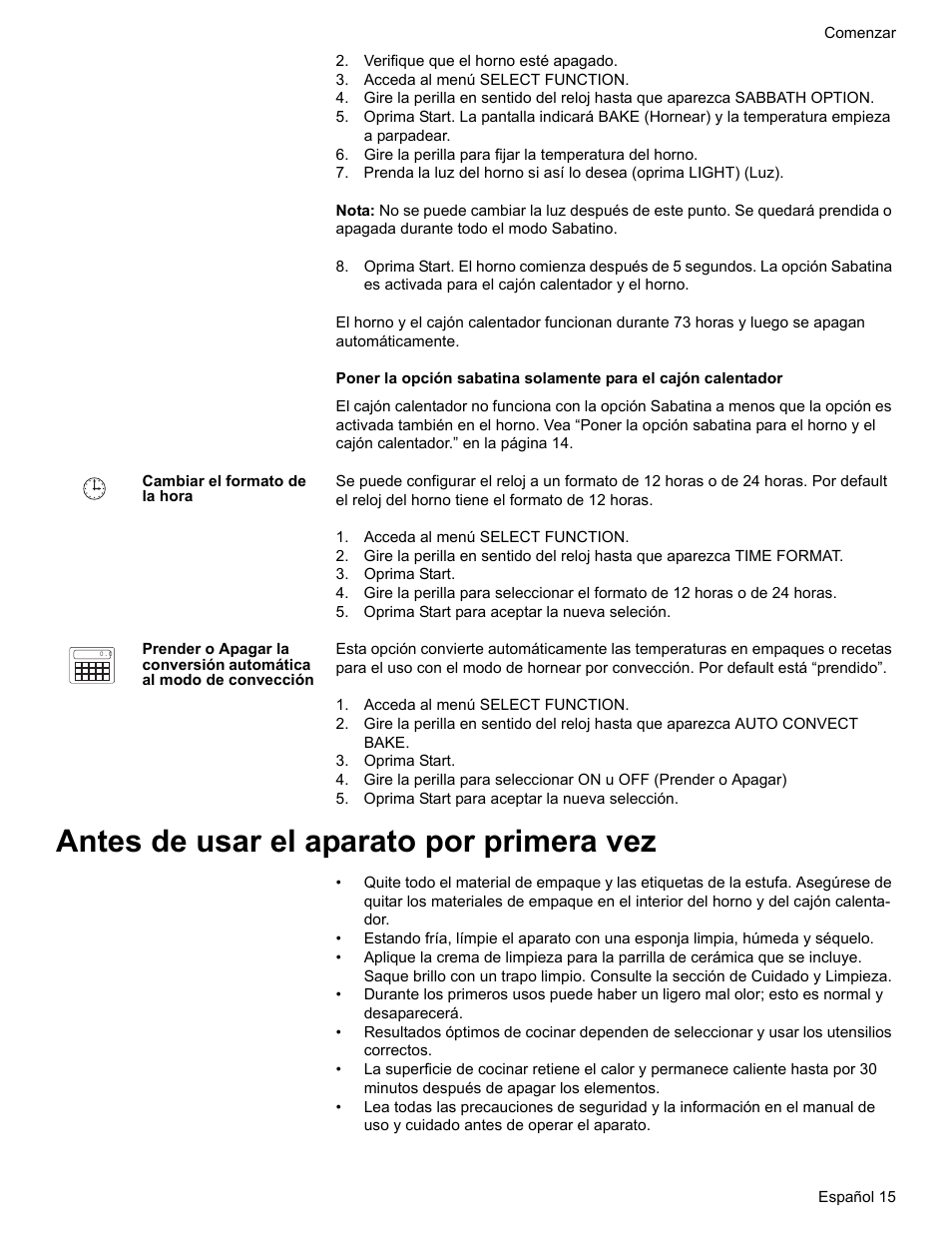 Verifique que el horno esté apagado, Acceda al menú select function, Cambiar el formato de la hora | Oprima start, Oprima start para aceptar la nueva seleción, Oprima start para aceptar la nueva selección, Antes de usar el aparato por primera vez | Bosch BOSCH RANGE User Manual | Page 99 / 128