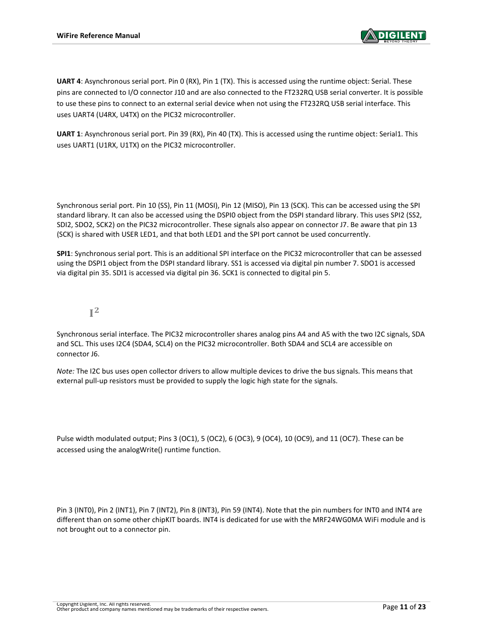 1 uart ports, 3 spi, 4 ,-.c | 5 pwm, 6 external interrupts | Digilent 410-302P-KIT User Manual | Page 11 / 23