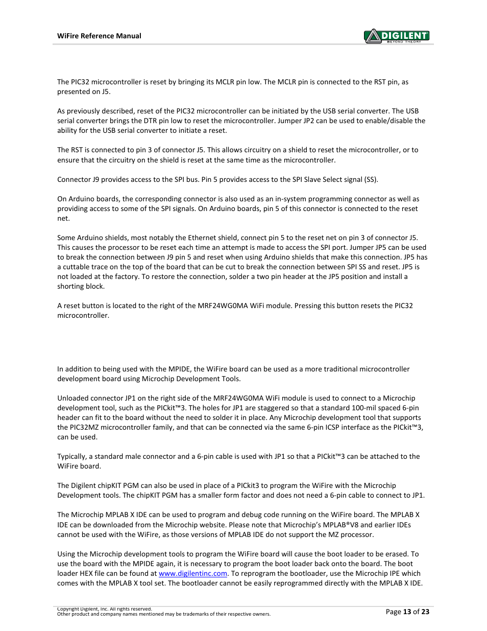 13 reset, 11 microchip development tool compatibility | Digilent 410-302P-KIT User Manual | Page 13 / 23