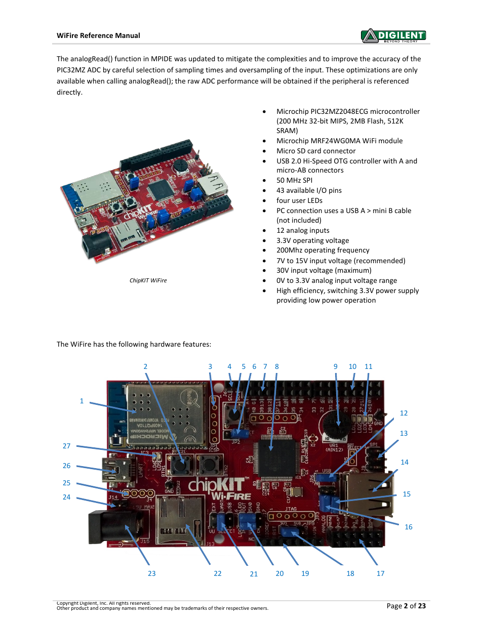 1 chipkit wifire hardware overview, 1chipkit wifire hardware overview | Digilent 410-302P-KIT User Manual | Page 2 / 23