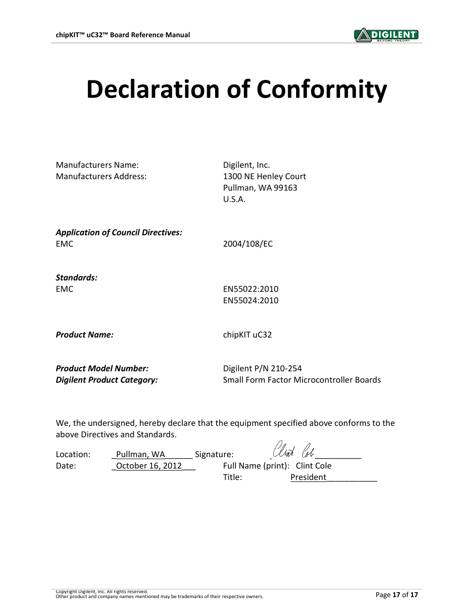 Declaration of conformity | Digilent 410-254P-KIT User Manual | Page 17 / 17
