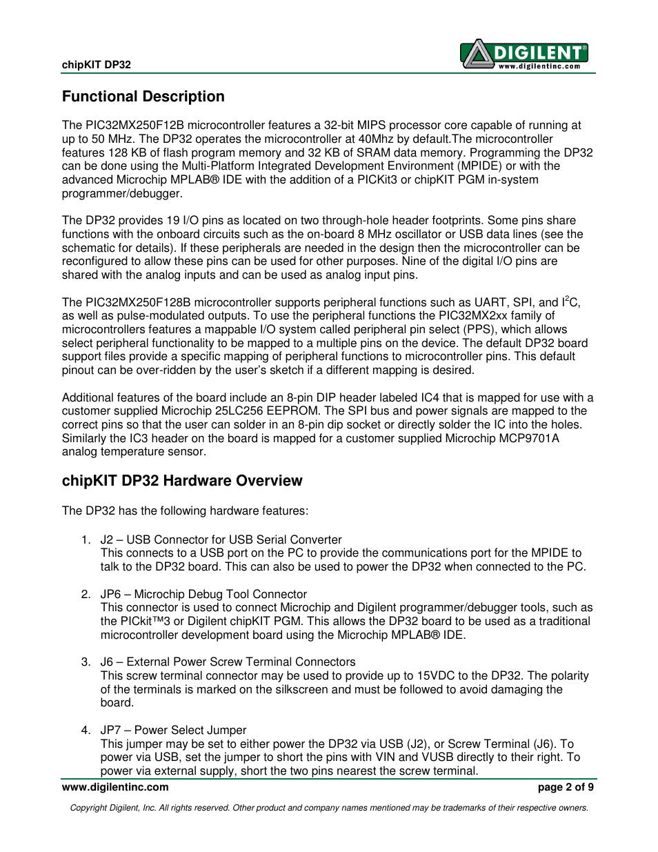 Functional description, Chipkit dp32 hardware overview | Digilent 410-280P-KIT User Manual | Page 2 / 9