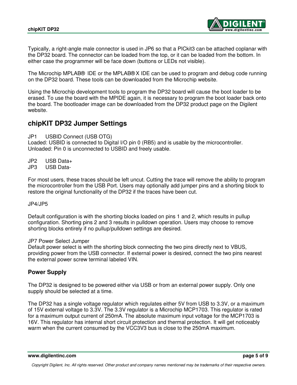 Chipkit dp32 jumper settings | Digilent 410-280P-KIT User Manual | Page 5 / 9