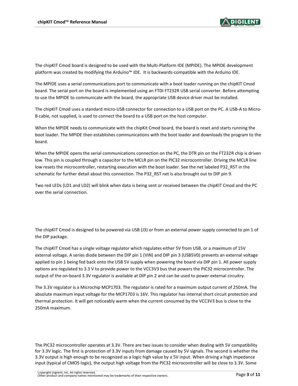 2 chipkit cmod hardware description, Mpide and usb serial communications, Power supply | 5v compatibility, 2chipkit cmod hardware description | Digilent 410-269P-KIT User Manual | Page 3 / 11