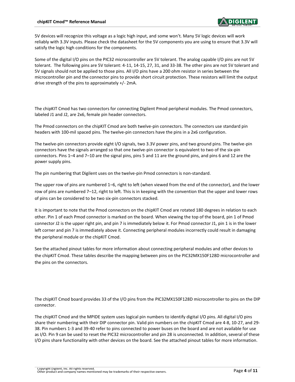 Pmodtm connectors, Input/output connections, Pmod | Connectors | Digilent 410-269P-KIT User Manual | Page 4 / 11