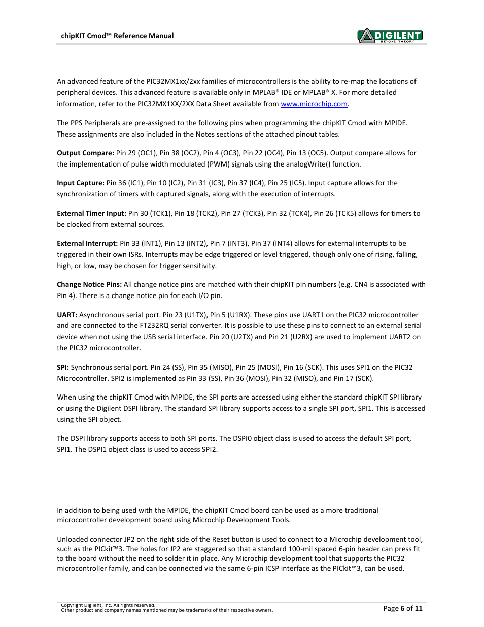 Peripheral pin select, Microchip development tool compatibility | Digilent 410-269P-KIT User Manual | Page 6 / 11